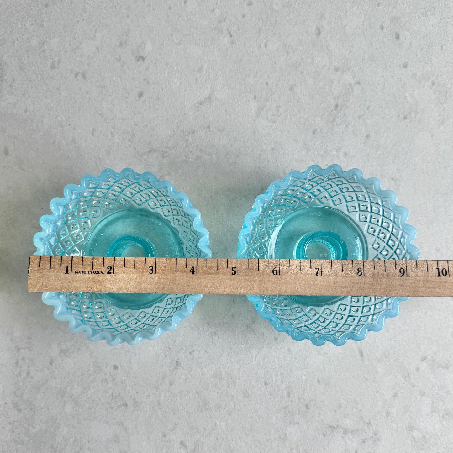 Vintage Fenton Diamond Lace Blue Opalescent Candle Holders (circa 1949 - 1954) - Set of 2