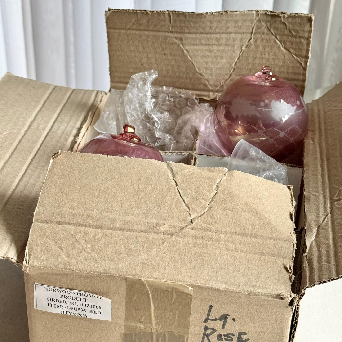 Vintage Norwood Glass Cranberry Cut-to-Clear Ornaments - Set of 6