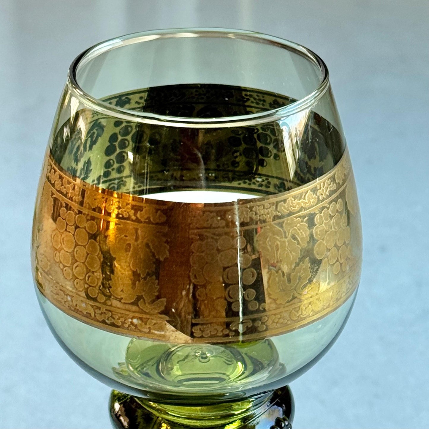 Vintage Austrian Roemer Green Glasses with a Grape and Vine Design in Gold - Set of 6