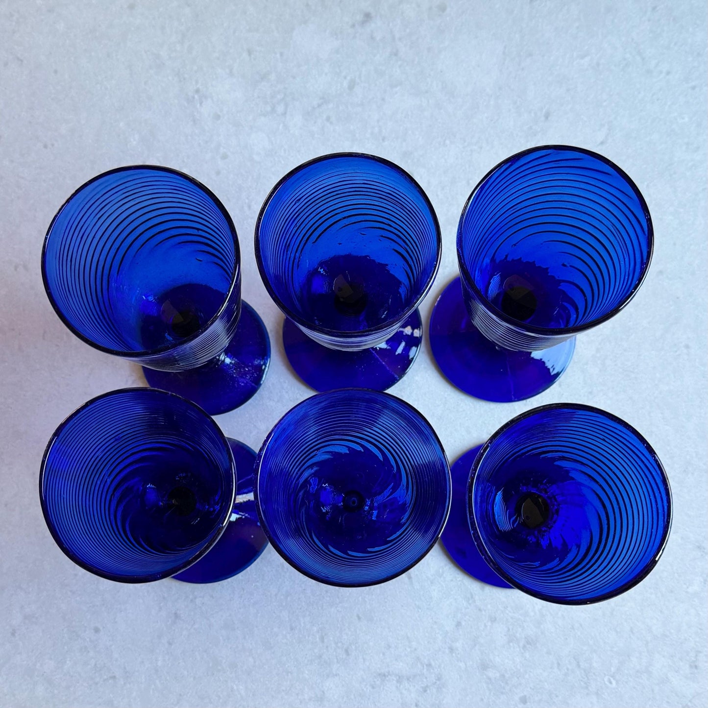 Vintage Hand Blown Cobalt Blue Swirl Glasses - Set of 6