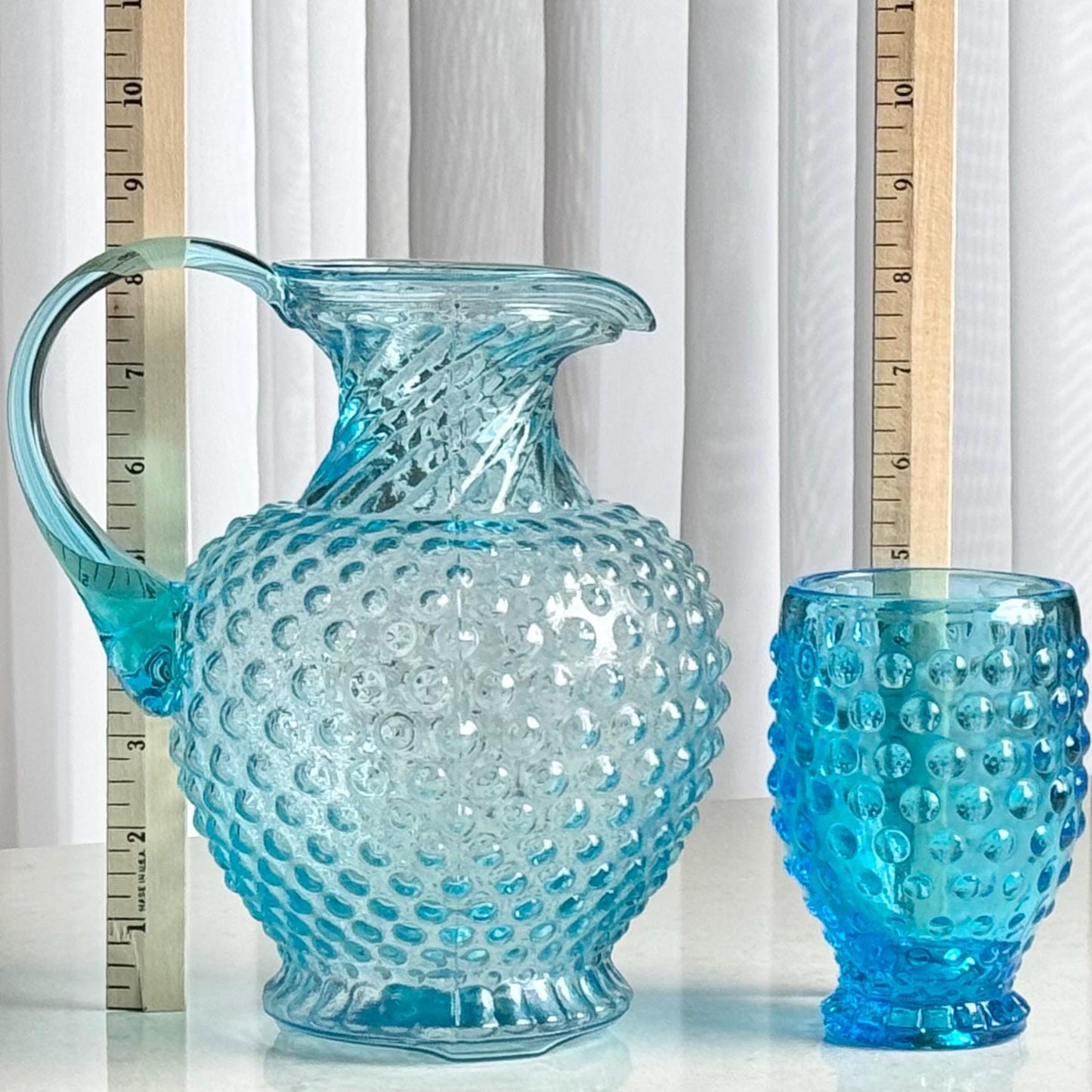 Vintage Indiana Glass Tiara Exclusive Hobnail Blue Pitcher and 4 Tumblers (circa 1980s)