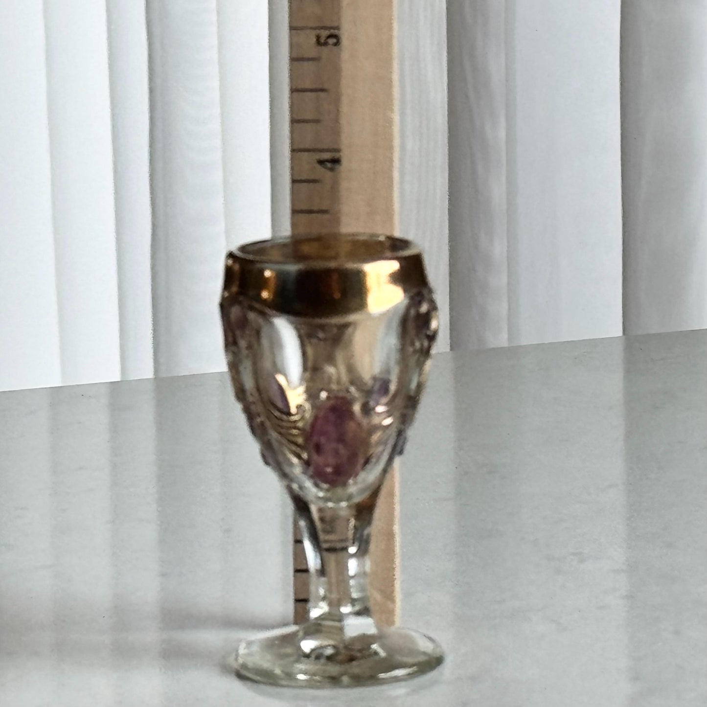 Vintage Gold and Cranberry Accented Decanter and 5 Glasses