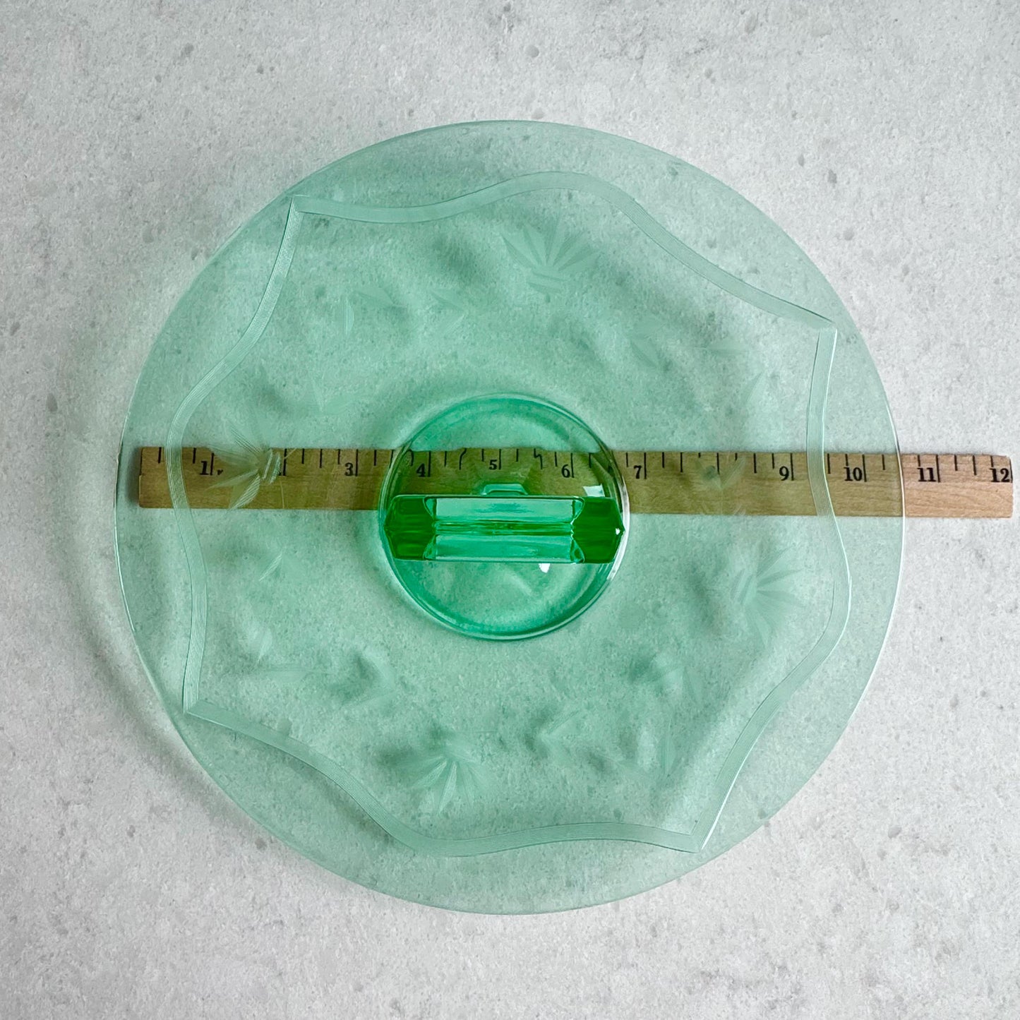 Vintage Green Uranium Glass Etched Tidbit Tray with Handle