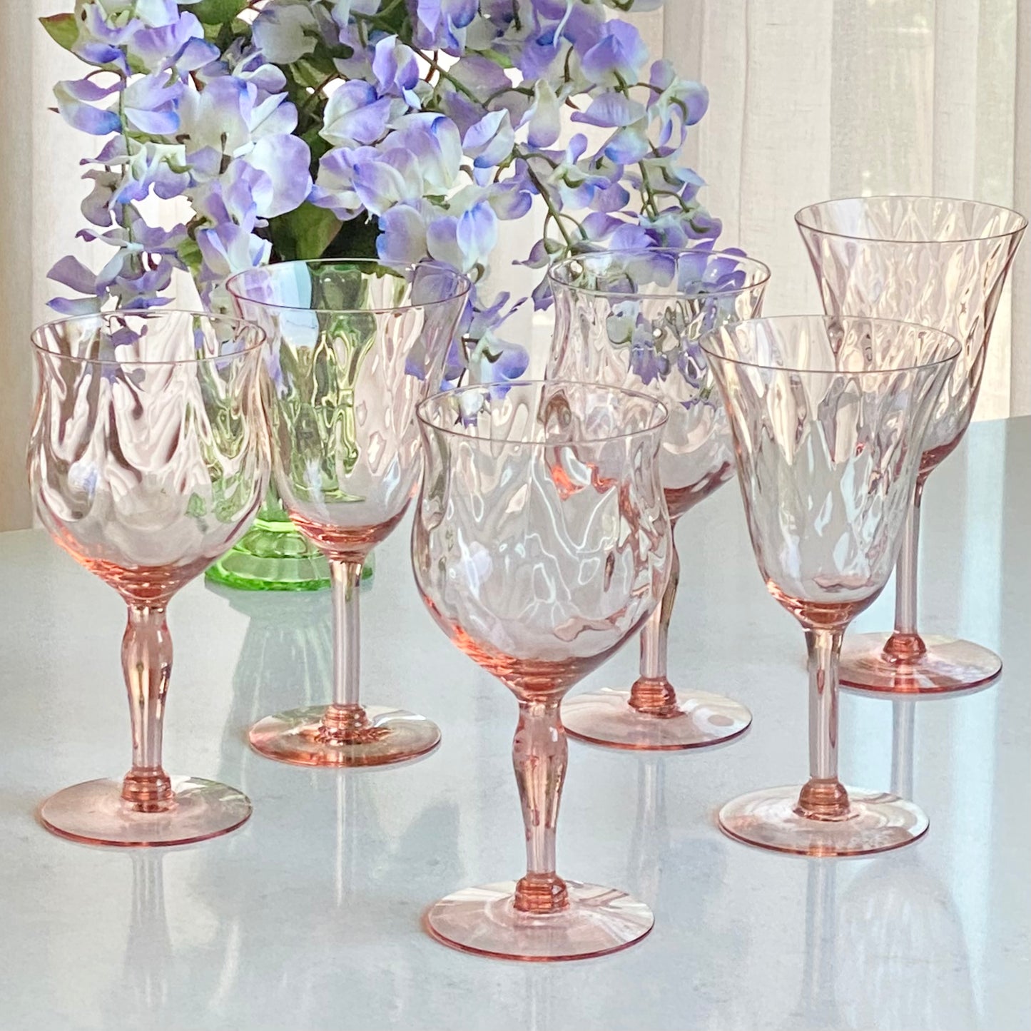 Mixed Set of Six (6) Vintage Pink Optic Pattern Glasses