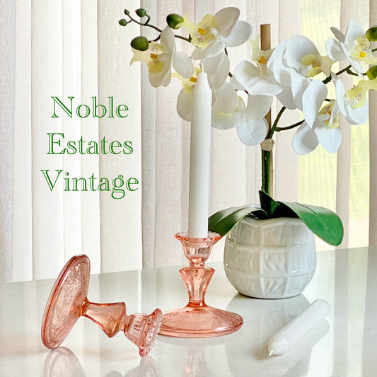 Vintage Jeannette Glass Floral Poinsettia Etched Pink Candle Holders (circa 1932 - 1935) - Set of 2