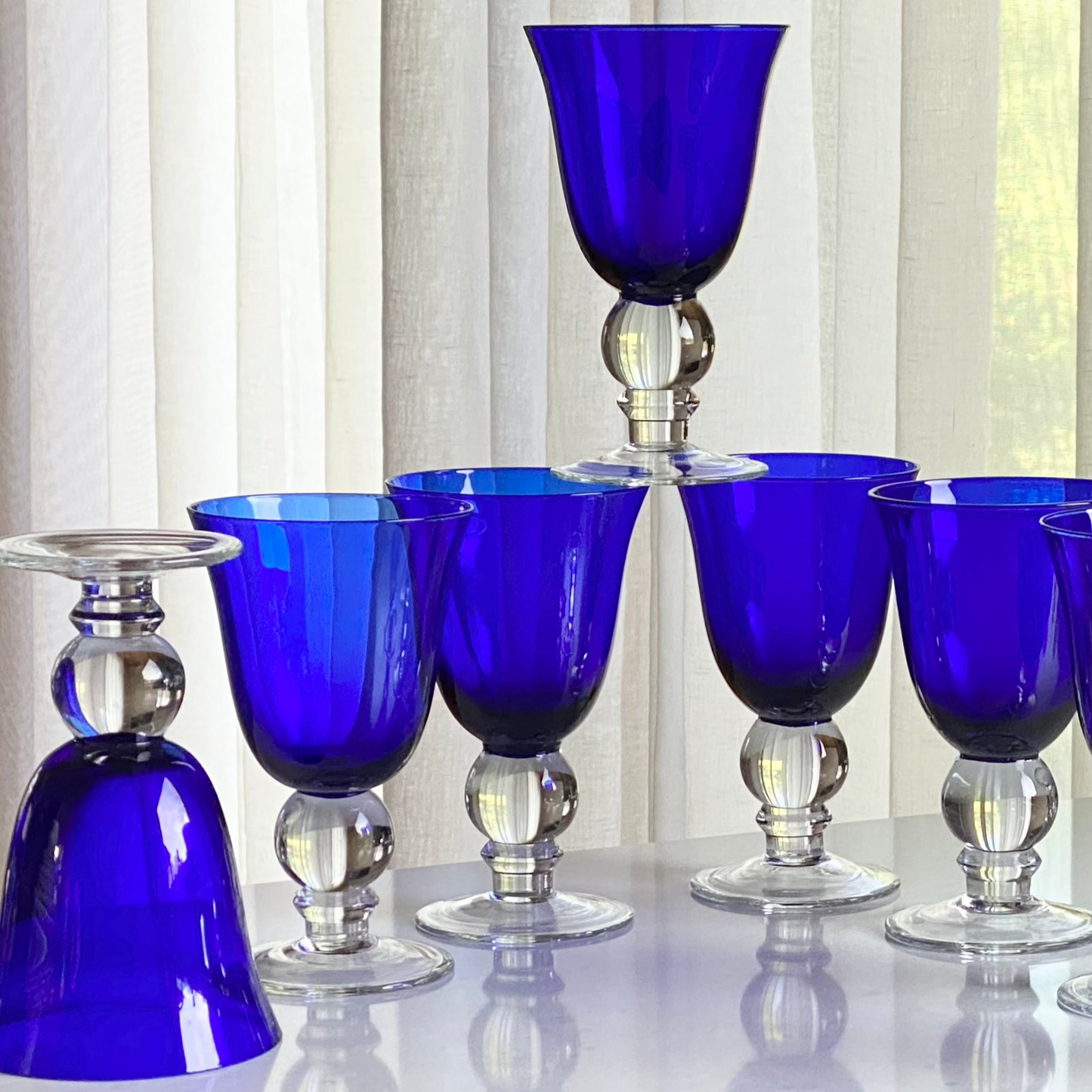 Vintage Cobalt Blue Ball Stem Glasses - Set of 6