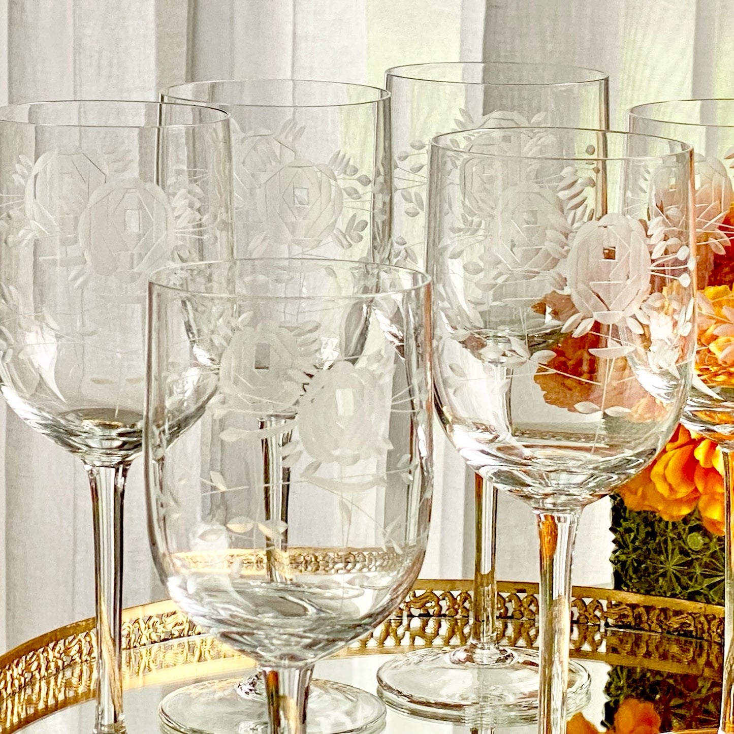 Vintage Crystal Clear Industries Deco Rose Etched Glasses - Set of 6 (Set #GR2)