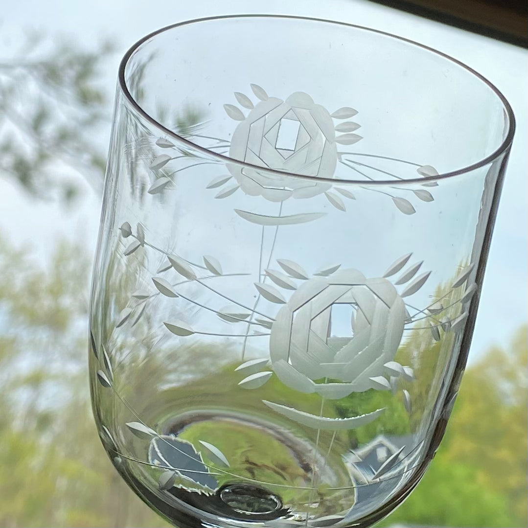 Vintage Crystal Clear Industries Deco Rose Etched Glasses - Set of 6 (Set #GR2)