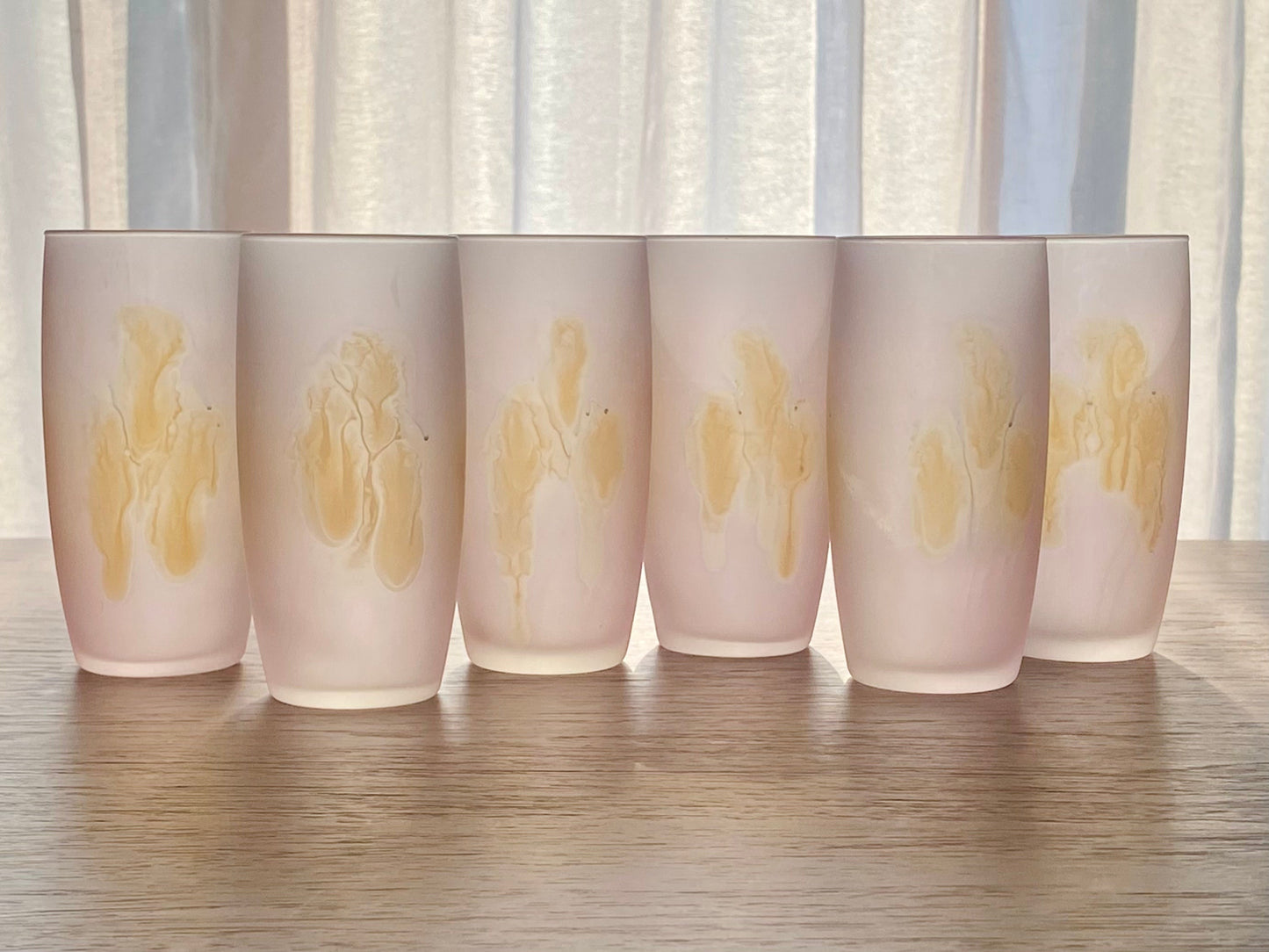 Vintage Hand Painted Frosted Art Glass Pitcher and Six (6) Glasses