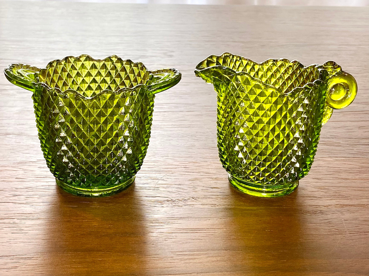 Vintage Green Glass Diamond Pattern Sugar and Creamer Set