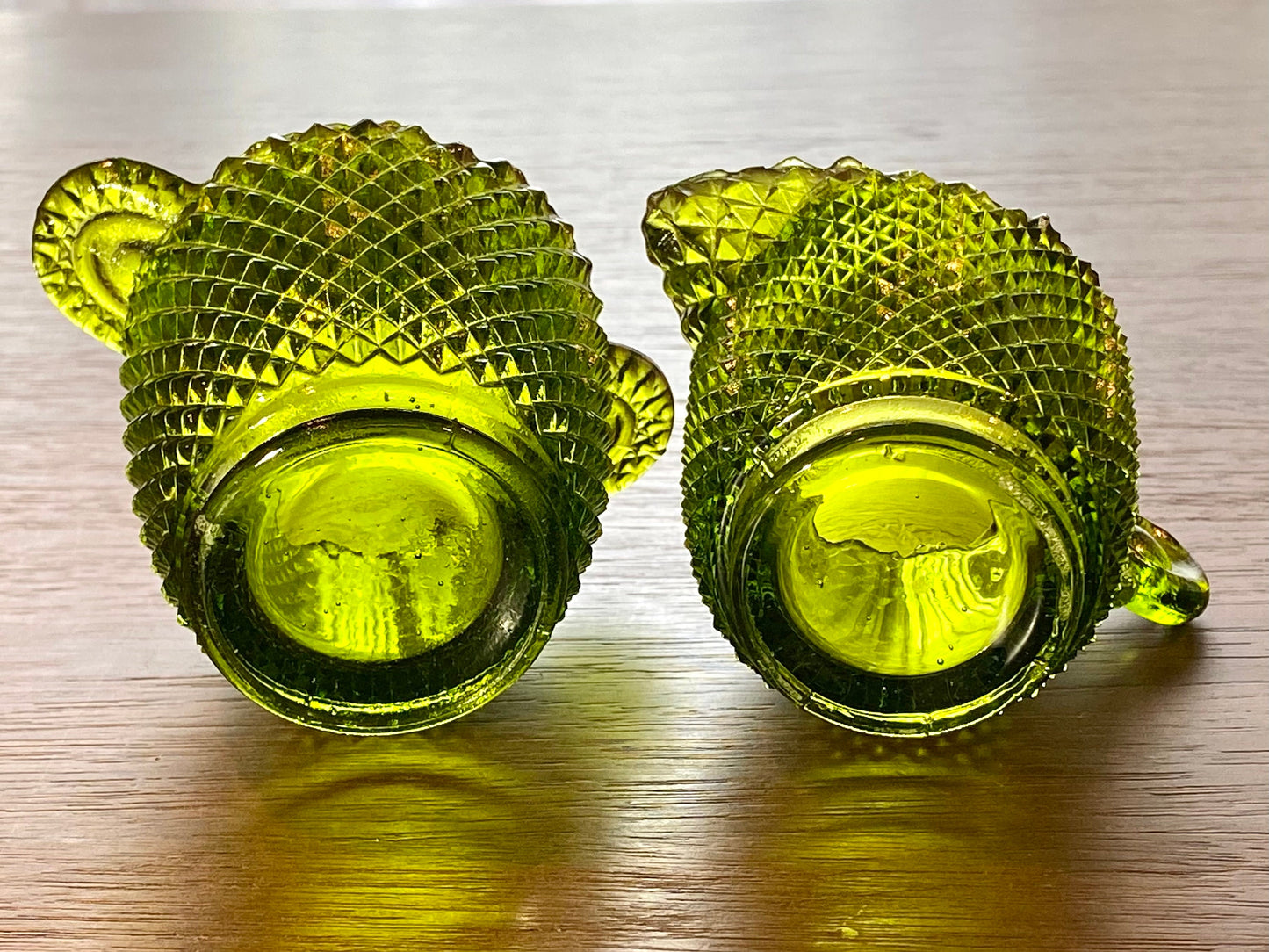Vintage Green Glass Diamond Pattern Sugar and Creamer Set
