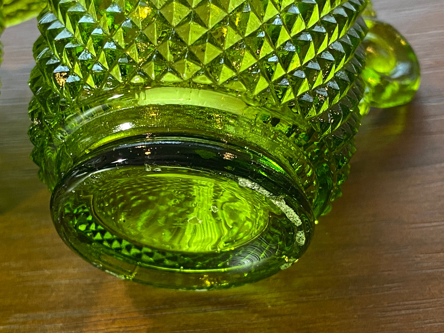 Vintage Green Glass Diamond Pattern Sugar and Creamer Set