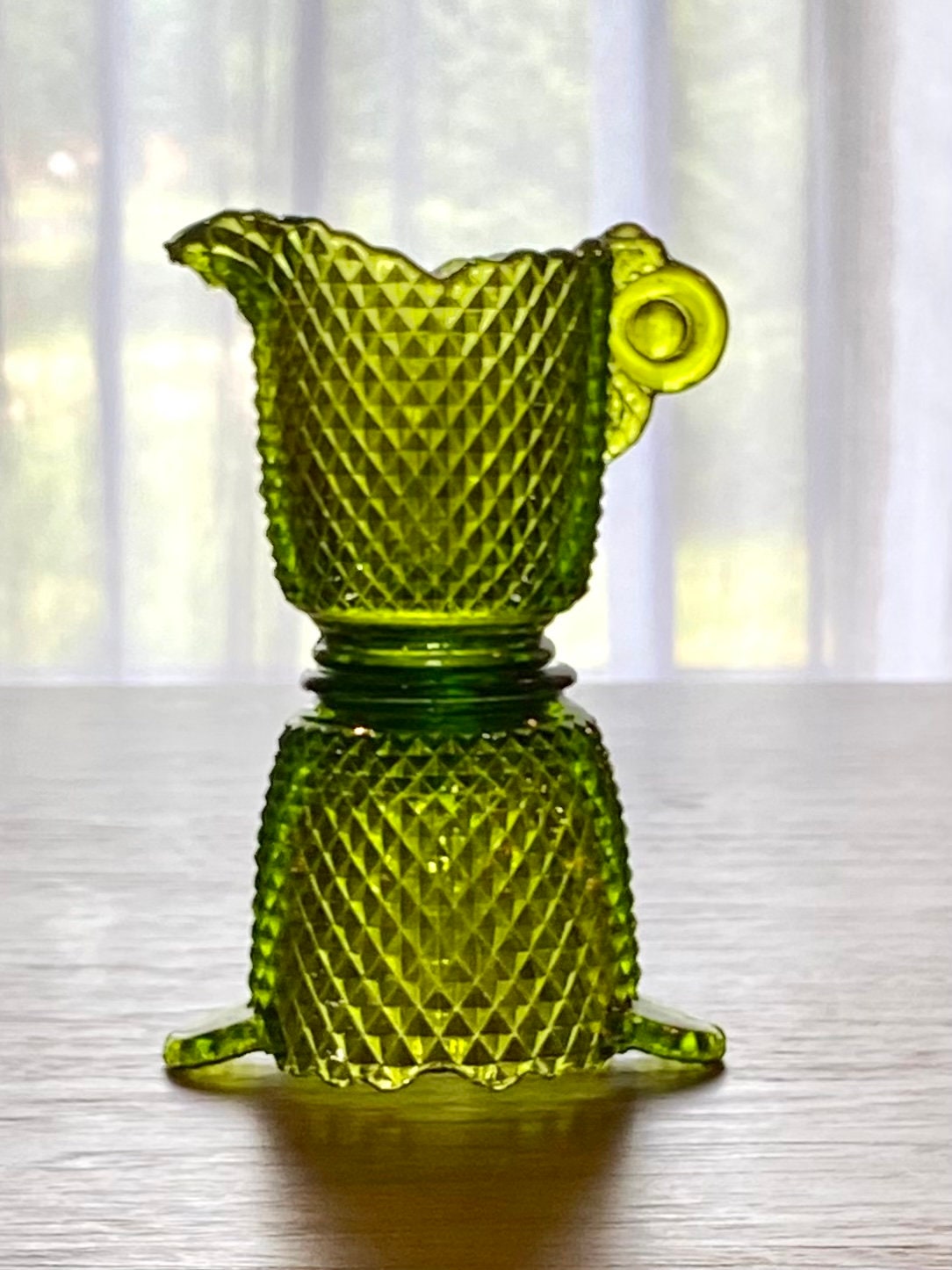Vintage Green Glass Diamond Pattern Sugar and Creamer Set
