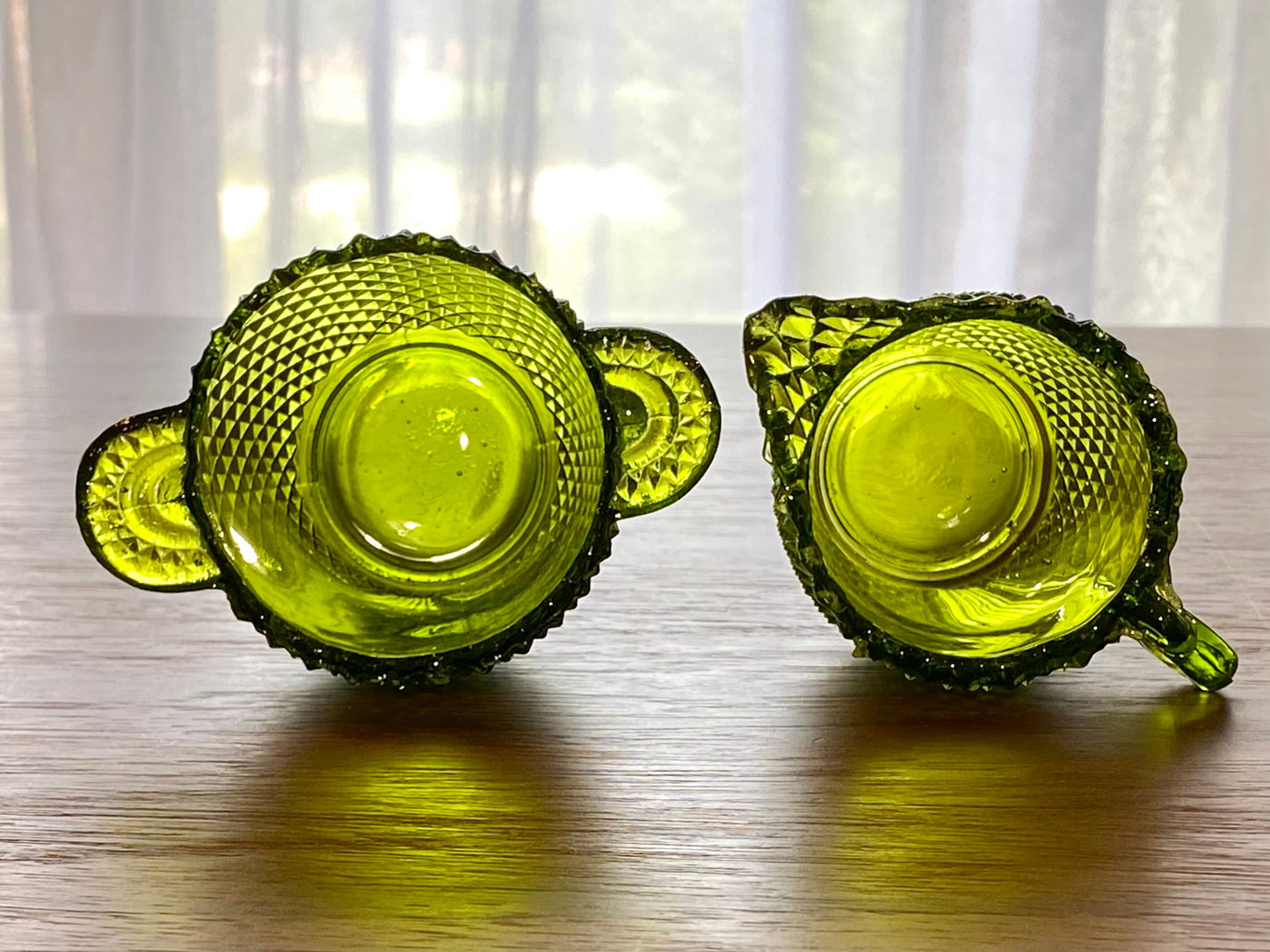 Vintage Green Glass Diamond Pattern Sugar and Creamer Set