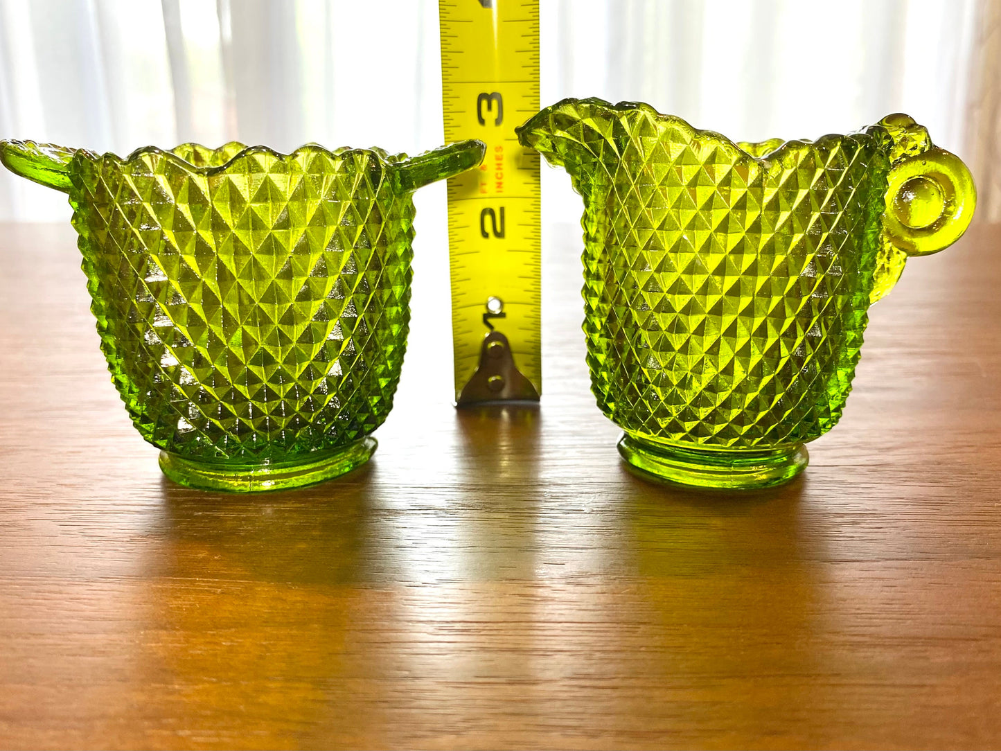 Vintage Green Glass Diamond Pattern Sugar and Creamer Set