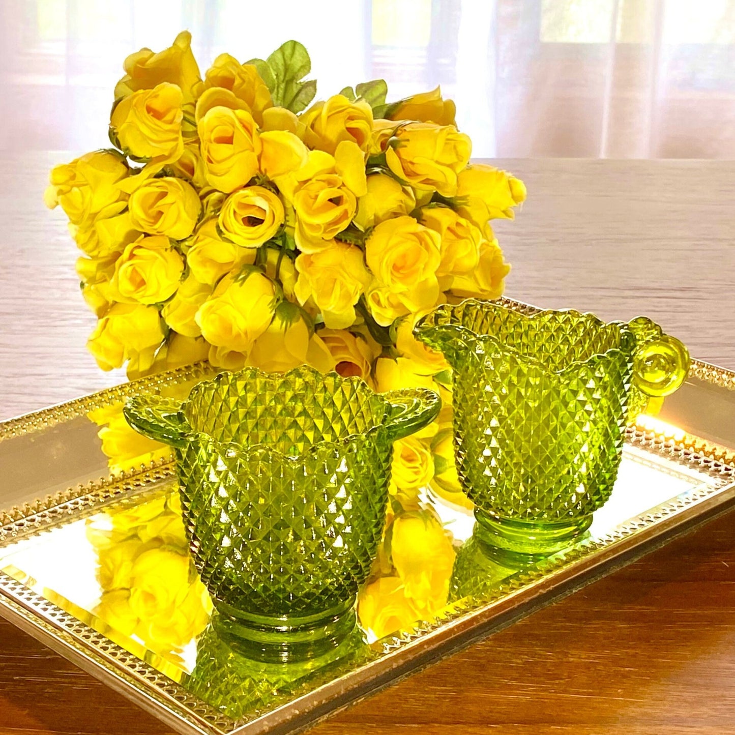 Vintage Green Glass Diamond Pattern Sugar and Creamer Set