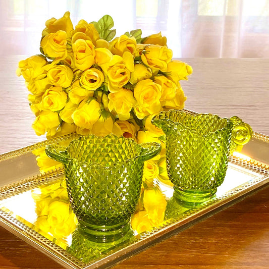 Vintage Green Glass Diamond Pattern Sugar and Creamer Set
