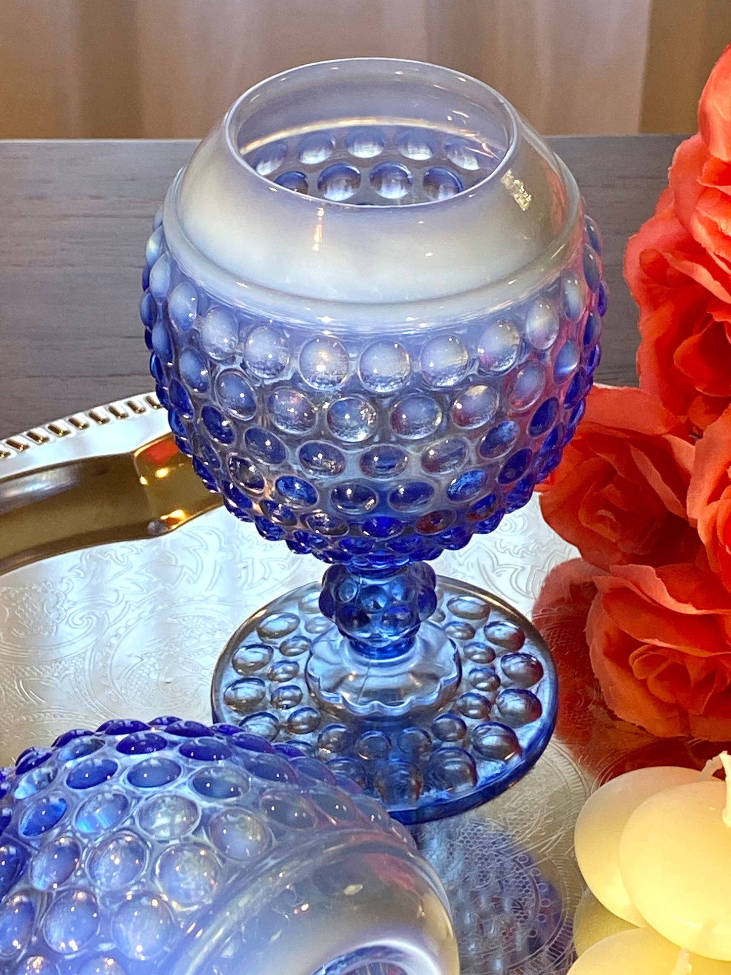 Vintage Imperial Glass Opalescent Blue Hobnail Vase or Candle Holder