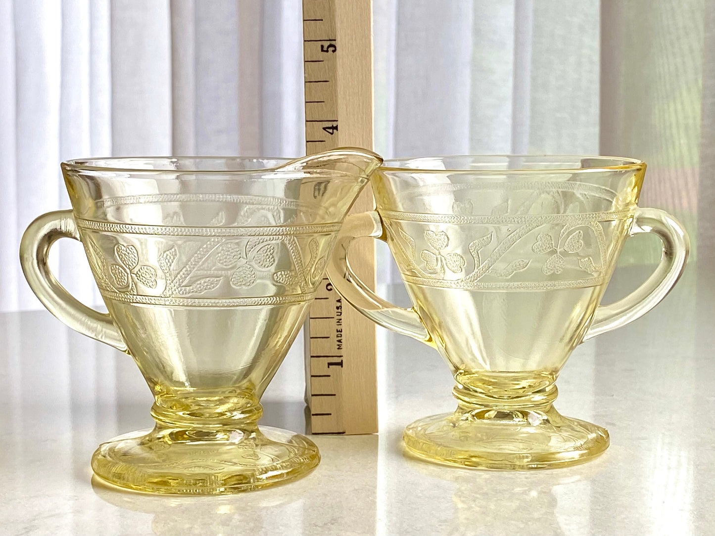 Vintage Hazel Atlas Cloverleaf Yellow Sugar and Creamer Set (circa 1930 - 1936, Design In)