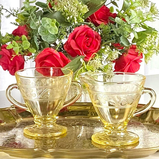Vintage Hazel Atlas Cloverleaf Yellow Sugar and Creamer Set (circa 1930 - 1936, Design In)