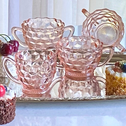 Vintage Jeannette Glass Cube Pink creamer pitchers and sugar bowls for sale by Noble Estates Vintage.