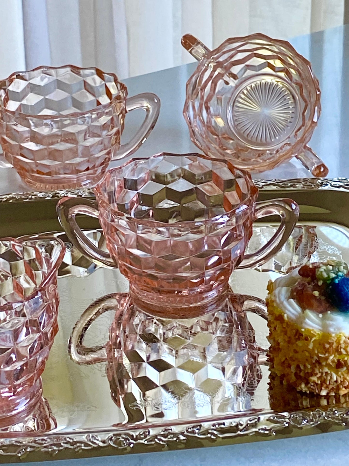 Vintage Jeannette Glass Cube Pink Sugars and Creamers (several available) (circa 1929 - 1933)