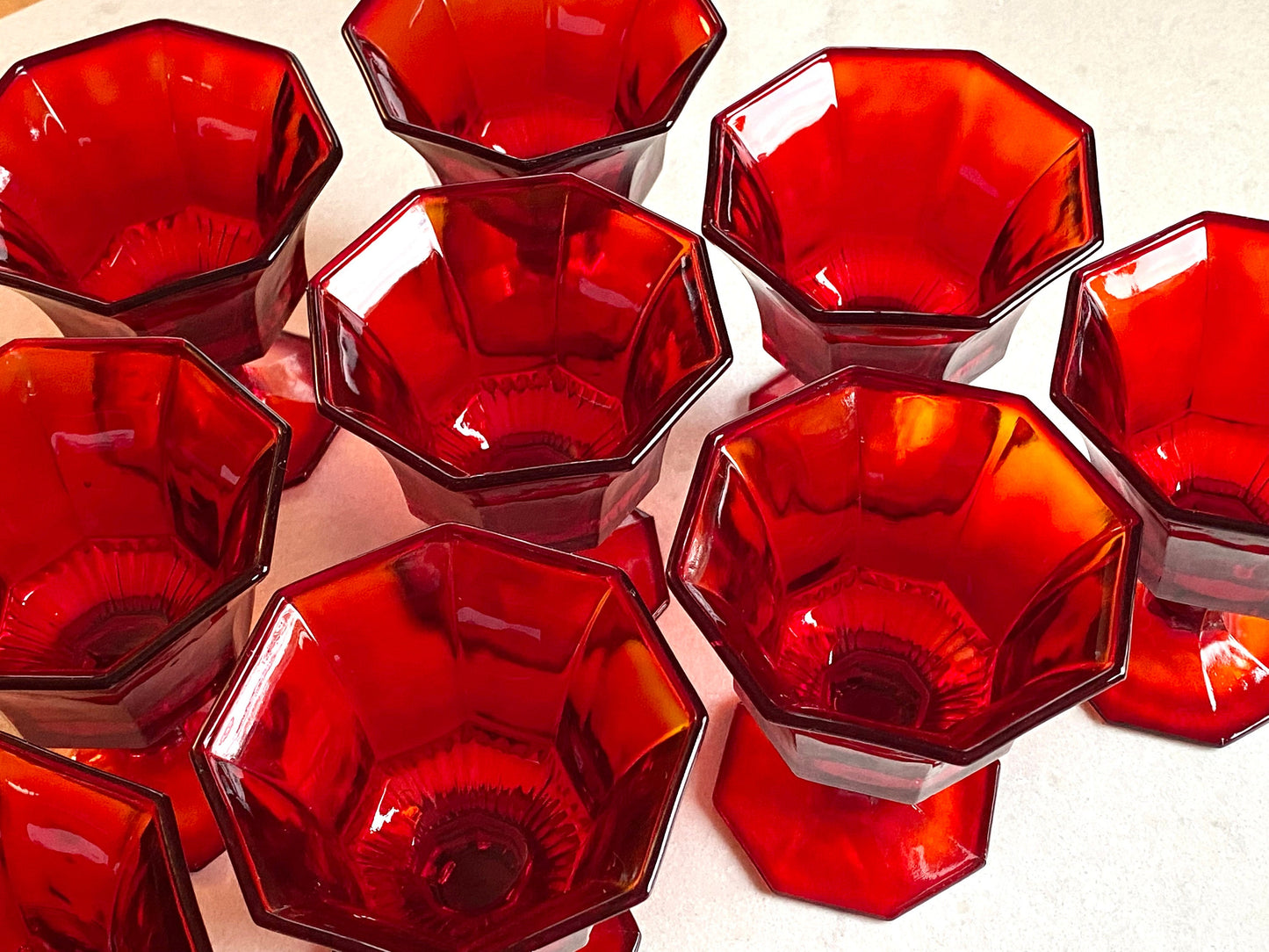 Vintage Independence Glass Amberina Ruby Octagonal Champagne Glasses / Sherbet Dishes - Set of 12