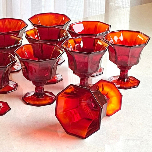 Vintage Independence Glass Amberina Ruby Octagonal Champagne Glasses / Sherbet Dishes - Set of 12