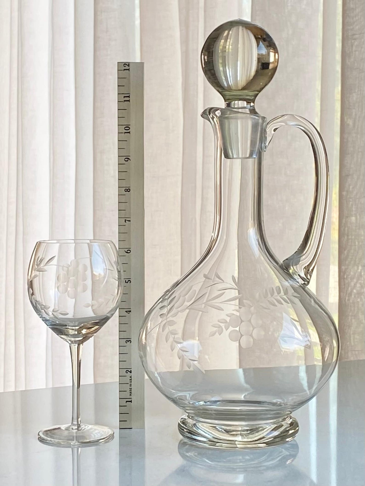 Vintage Etched Decanter and Five (5) Glasses (Set #1022)