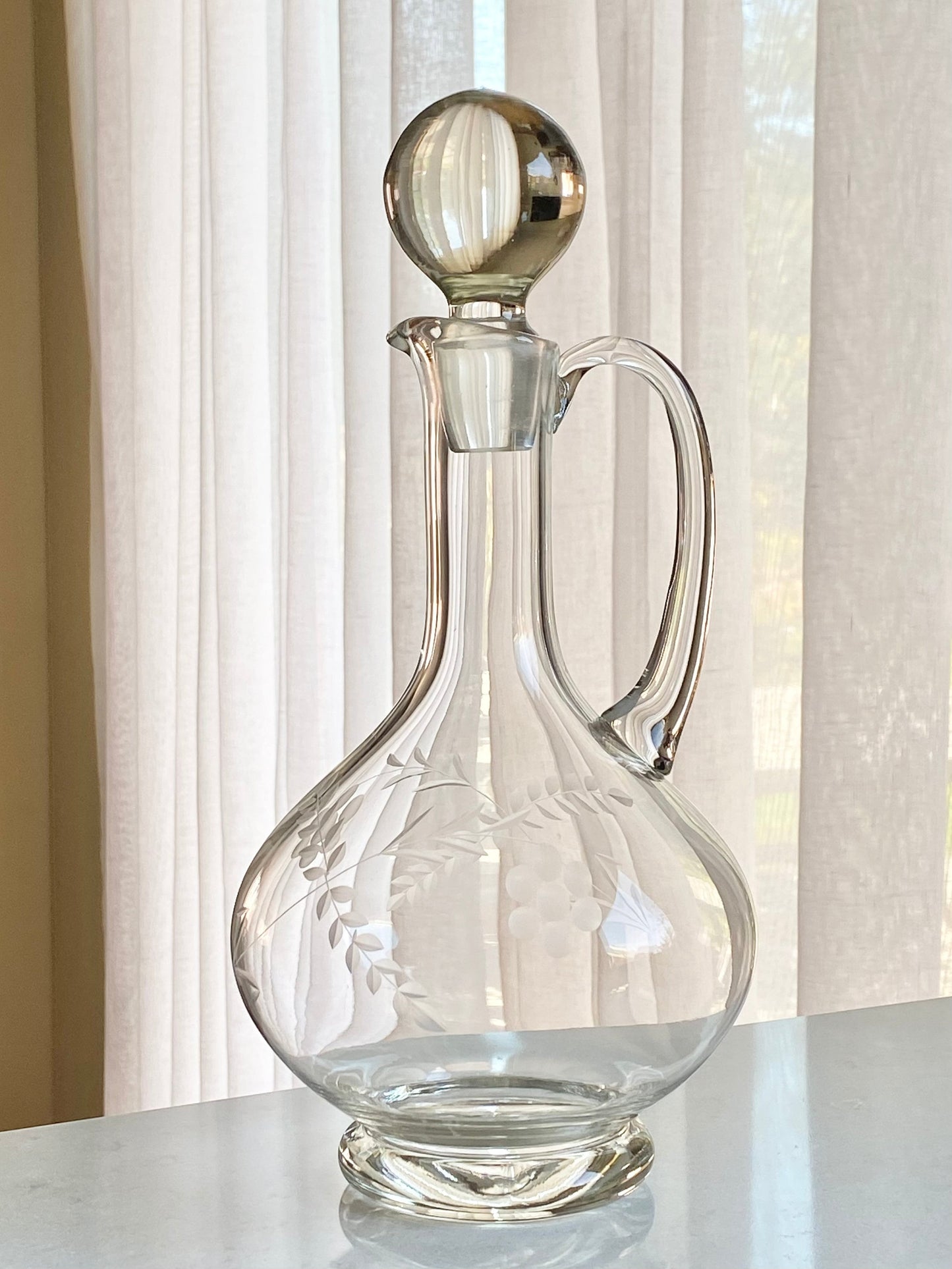 Vintage Etched Decanter and Five (5) Glasses (Set #1022)
