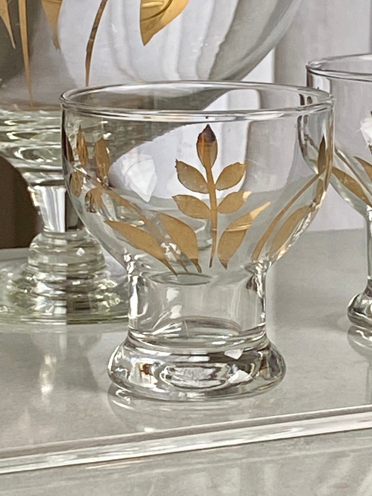 Vintage Cera Glass Gold Wheat Leaf Pitcher and Five (5) Glasses