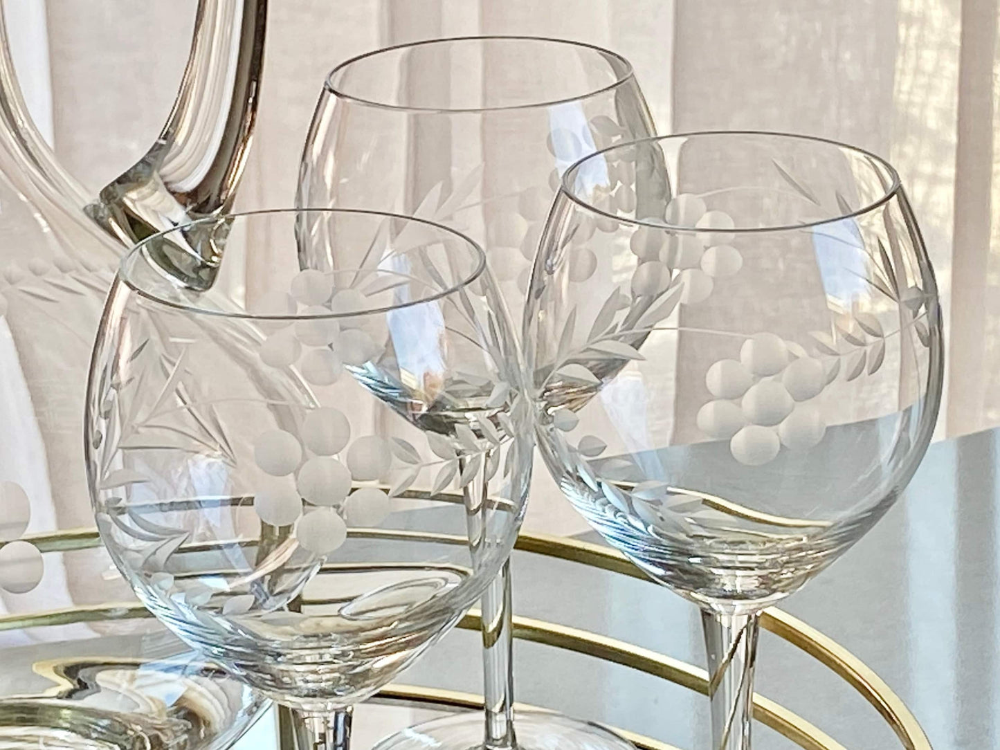 Vintage Etched Decanter and Five (5) Glasses (Set #1022)