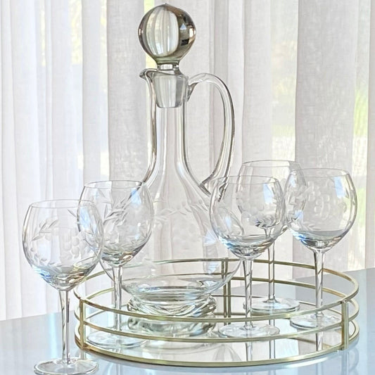 Vintage Etched Decanter and Five (5) Glasses (Set #1022)