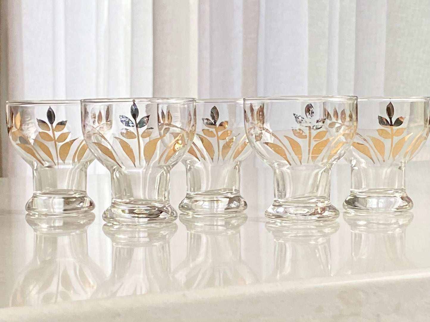 Vintage Cera Glass Gold Wheat Leaf Pitcher and Five (5) Glasses