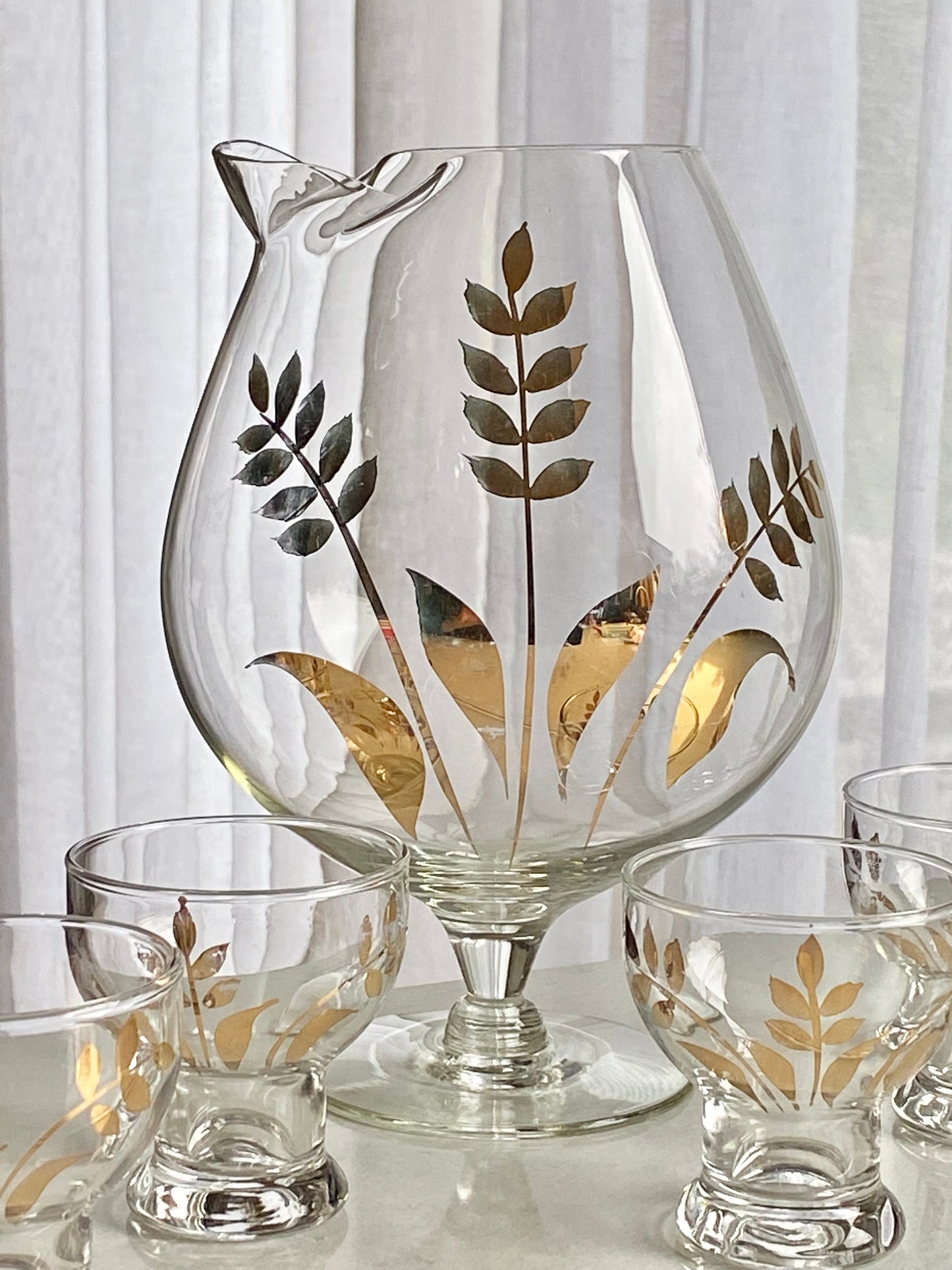 Vintage Cera Glass Gold Wheat Leaf Pitcher and Five (5) Glasses