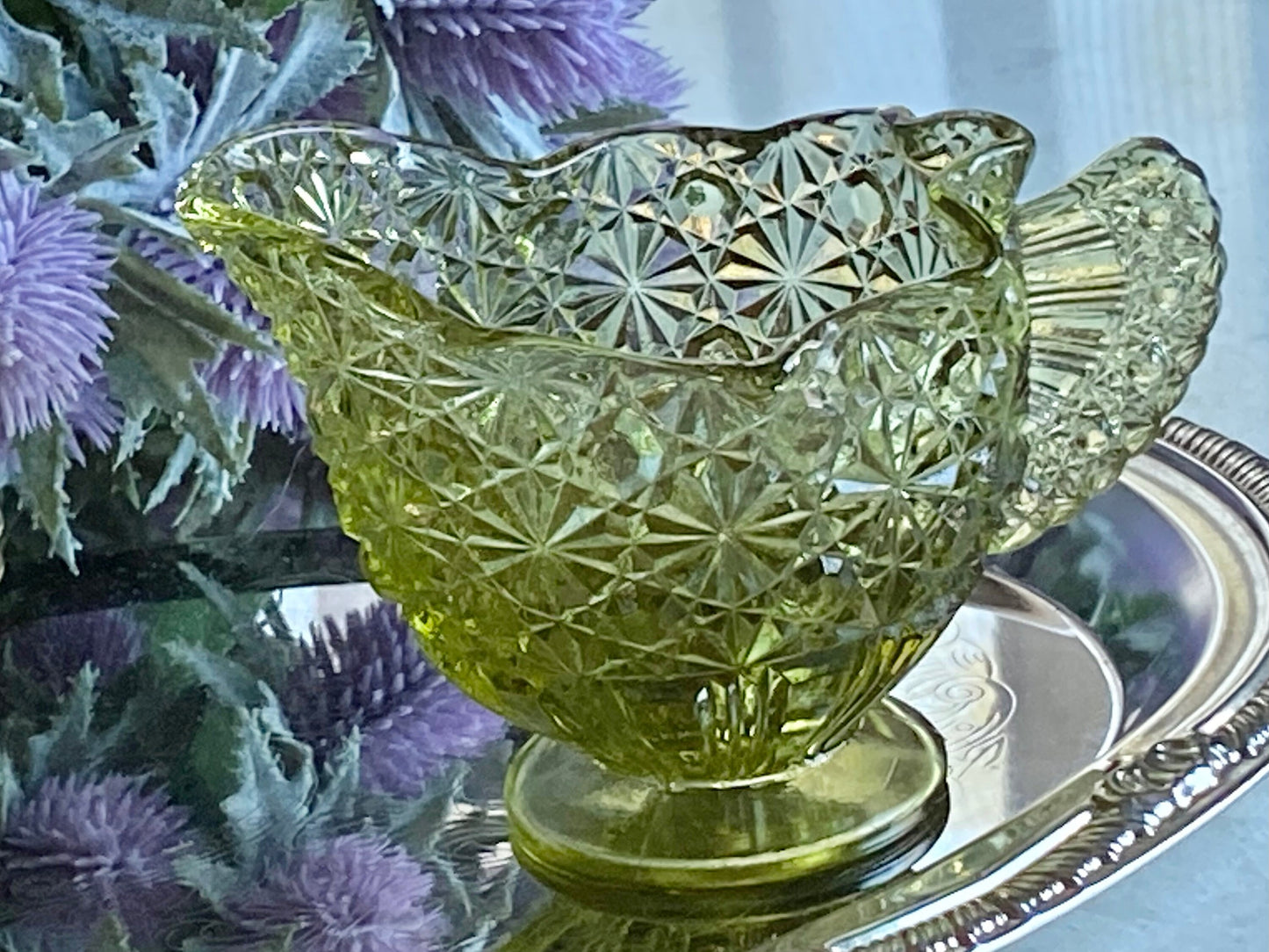 Vintage Fenton Colonial Green Daisy and Button Pattern Sugar and Creamer Set