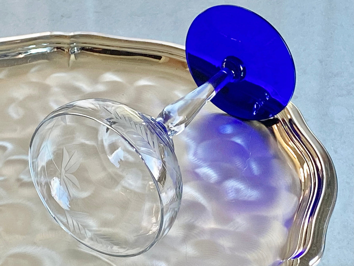 Vintage Weston Louie Cobalt Blue Footed Etched Glasses - Set of 6