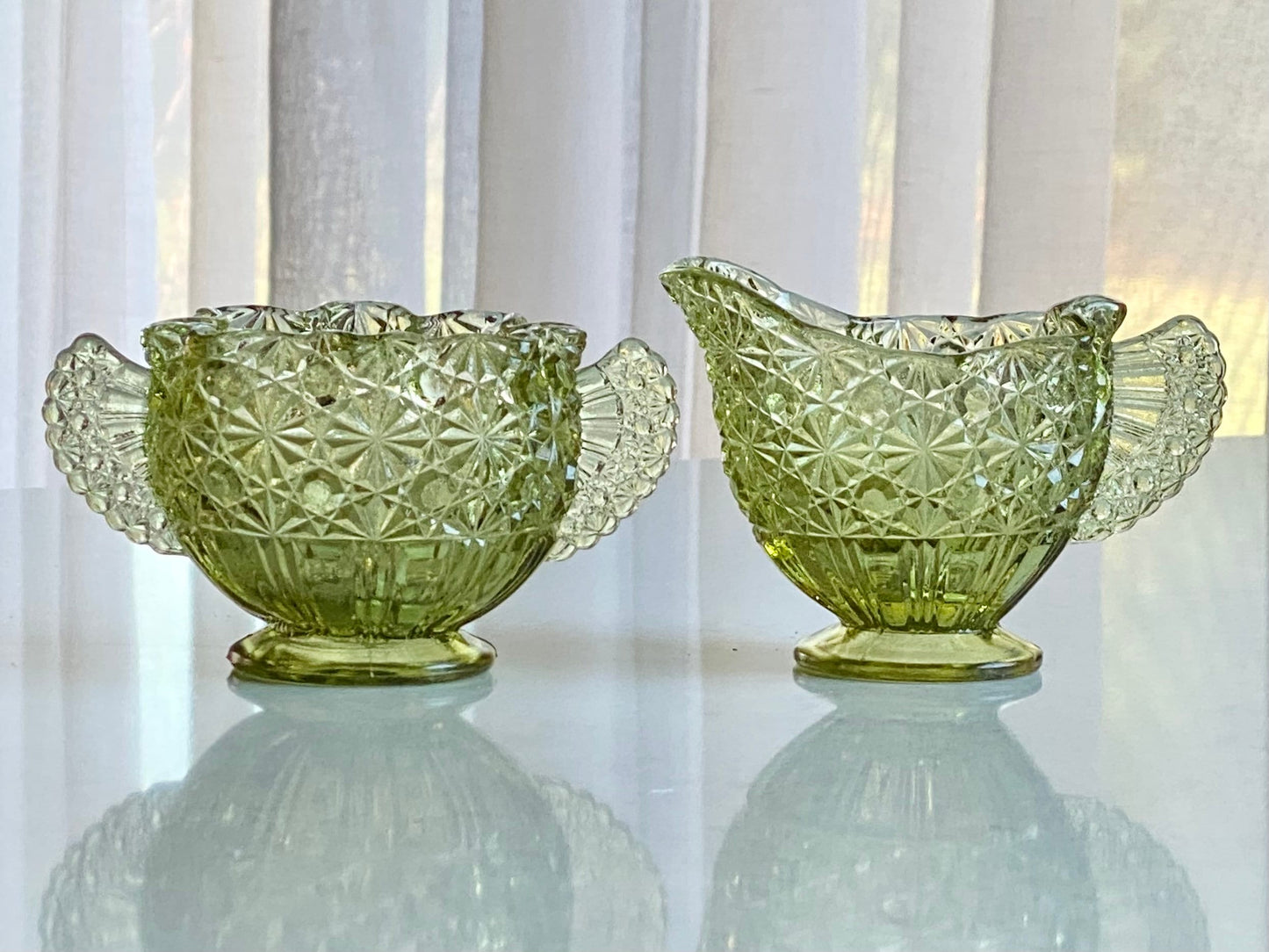 Vintage Fenton Colonial Green Daisy and Button Pattern Sugar and Creamer Set