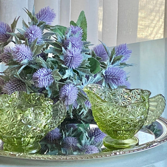 Vintage Fenton Colonial Green Daisy and Button Pattern Sugar and Creamer Set