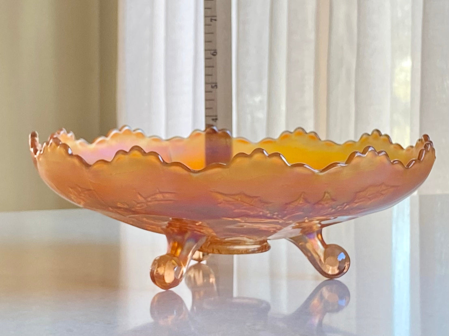 Vintage Fenton Holly and Stag Large Marigold Carnival Glass Tri-Foot Bowl