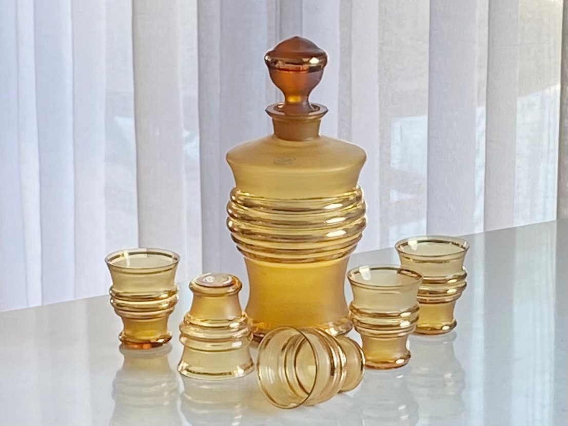Vintage Amber Decanter and Five (5) Glasses