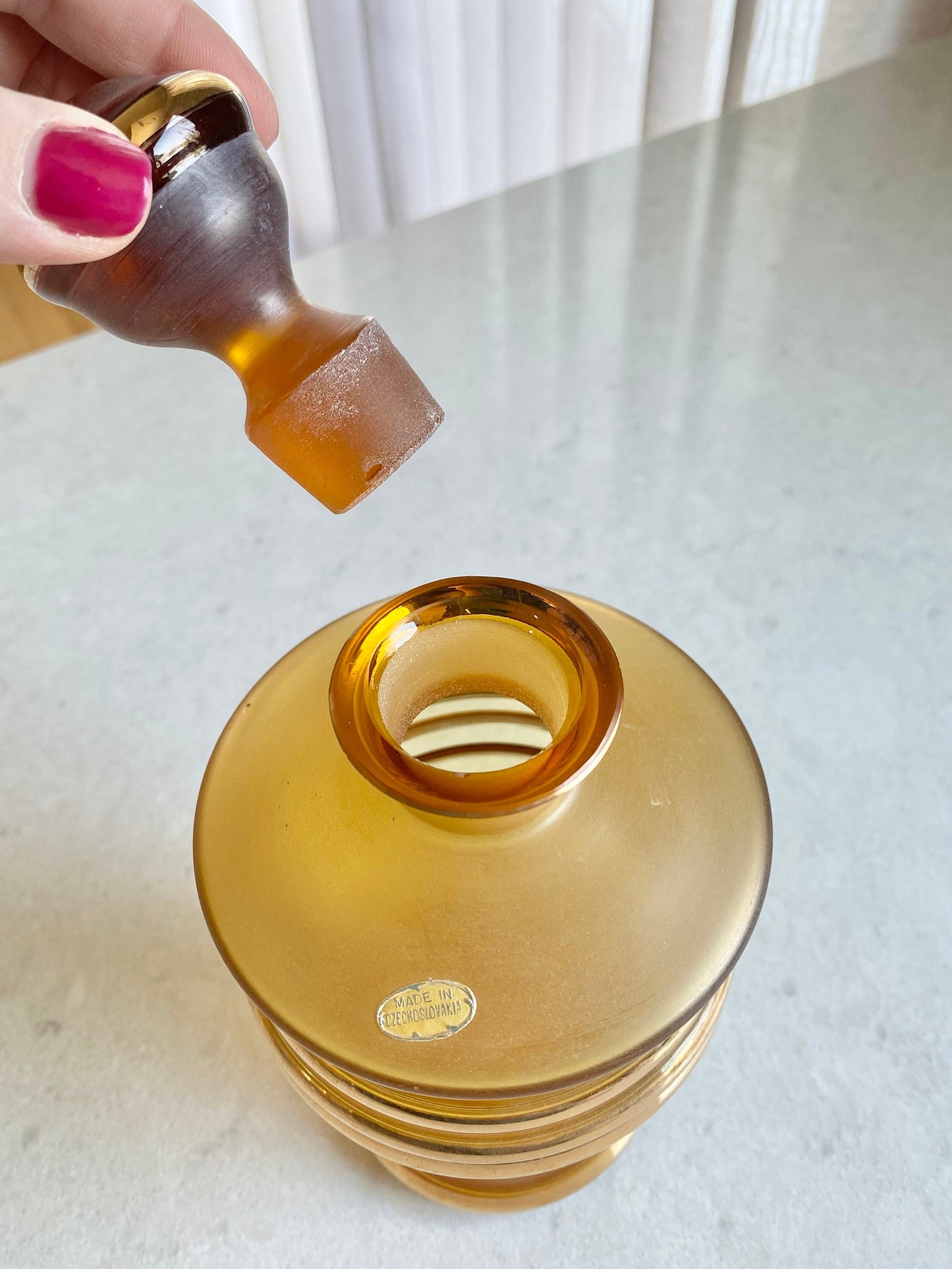 Vintage Amber Decanter and Five (5) Glasses