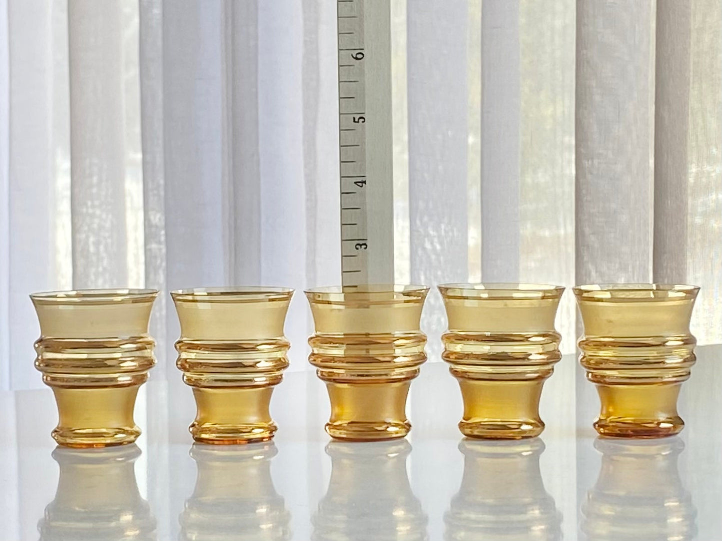 Vintage Amber Decanter and Five (5) Glasses