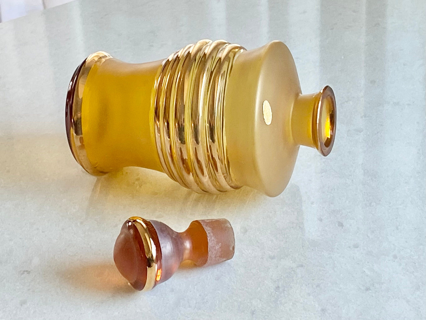 Vintage Amber Decanter and Five (5) Glasses
