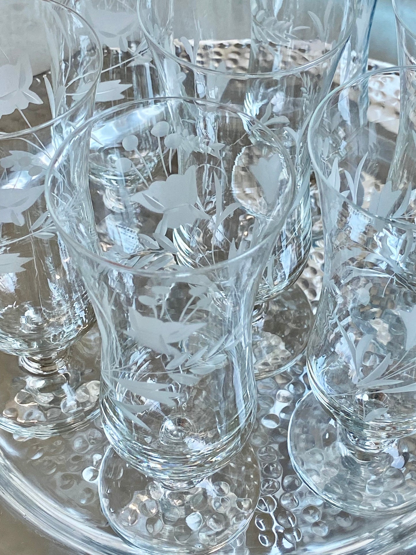 Vintage Etched Footed Glasses - Set of 8