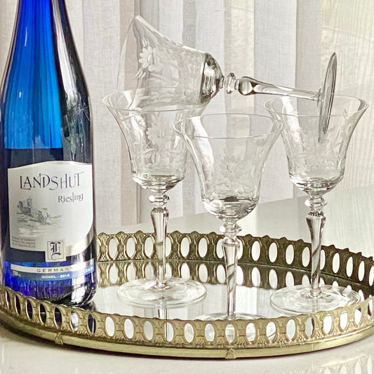 Vintage etched stemware for sale by Noble Estates Vintage.