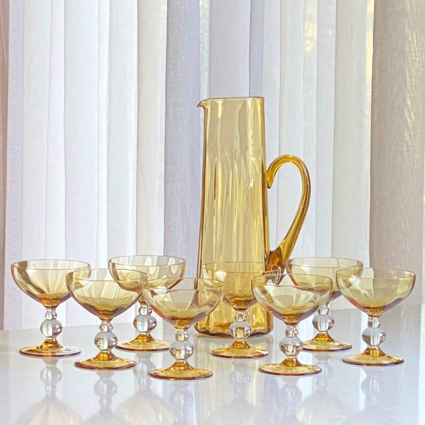 Vintage MCM Amber Pitcher and Eight (8) Ball Stem Glasses