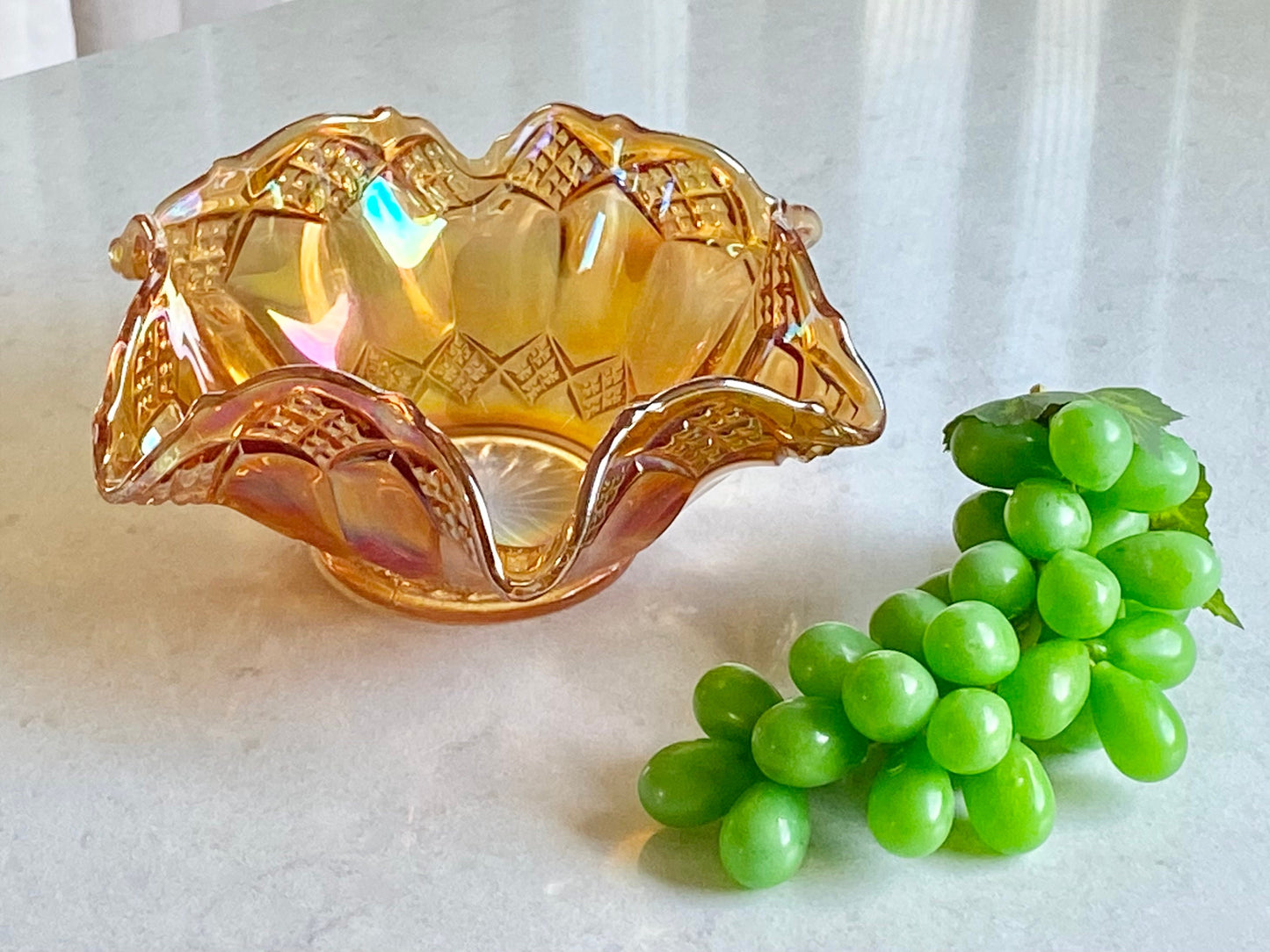Vintage Diamond Cut Marigold Carnival Glass Bowl
