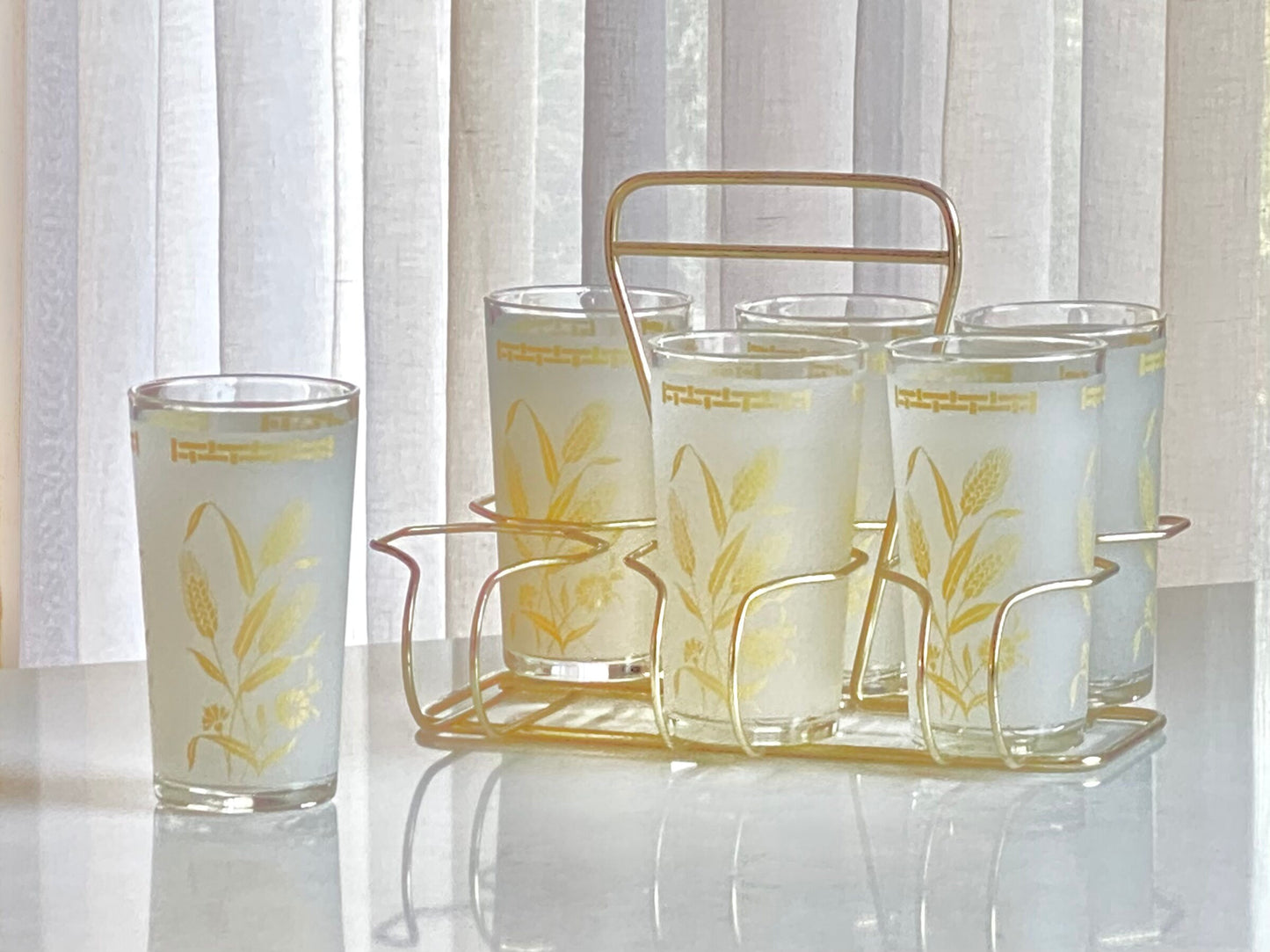 Vintage Golden Wheat Set of 6 Frosted Glasses with Carrier Caddy