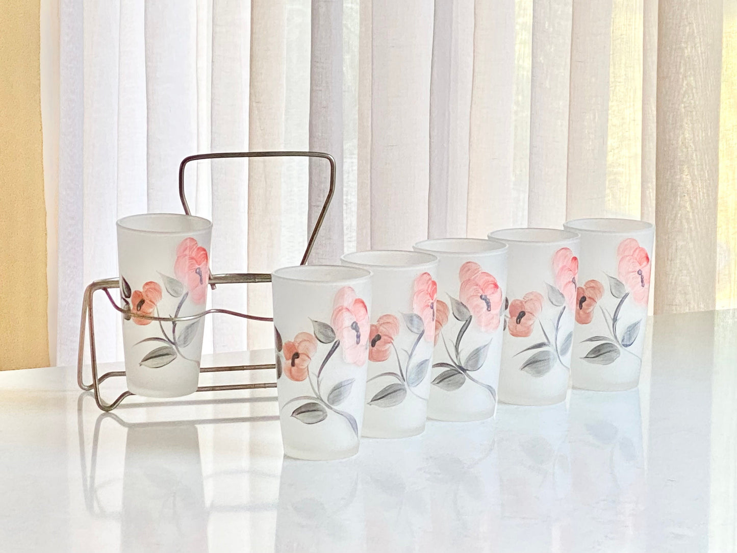 Vintage Hand Painted Set of Six (6) Frosted Glasses with Carrier Caddy